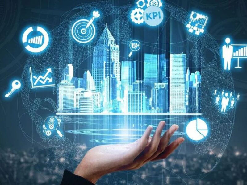 A digital illustration of a futuristic cityscape with a hand reaching out, surrounded by icons representing Vietnam Tokenized Real Estate opportunities like charts, KPIs, and gears.