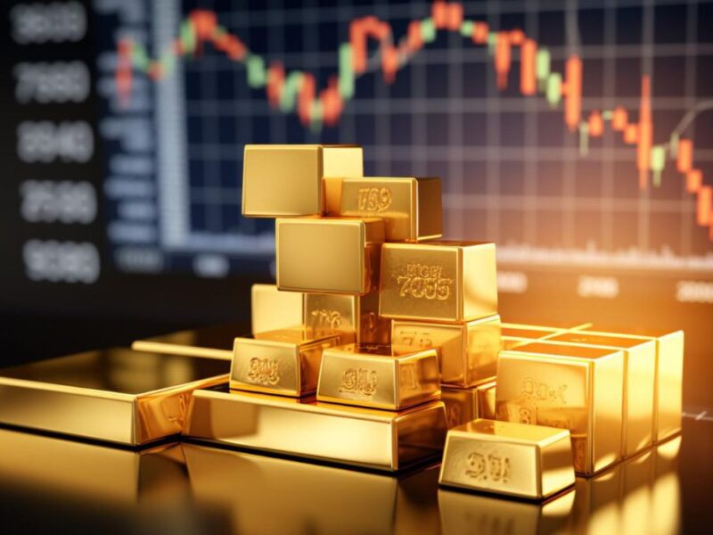 Stack of gold bars against a stock market chart, illustrating Vietnam Gold Exchange developments and investment opportunities.